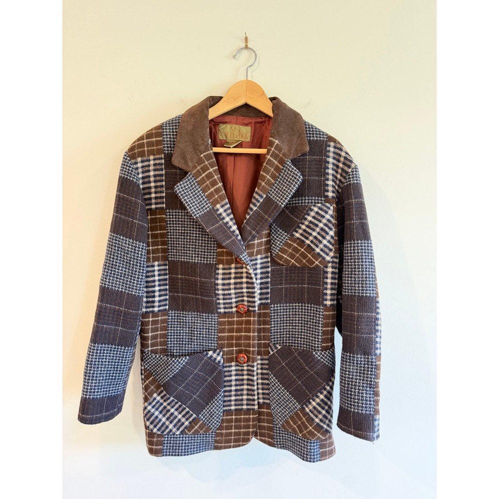 Vintage Colebrook Patchwork Plaid Wool Blend Blazer Brown Blue Horse Buttons